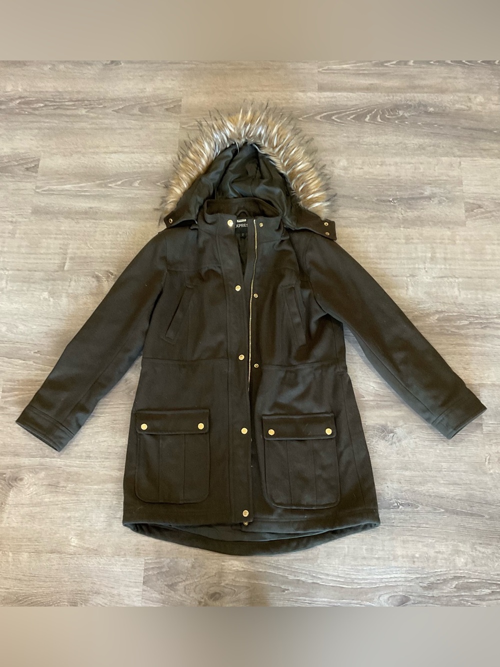 Express Olive Green Puffer Parka with Faux-Fur Trim Hood